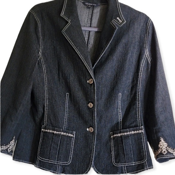 Denim Blazer Jean Jacket w/ Silver Embroidered Detail Size 10 - Picture 1 of 5
